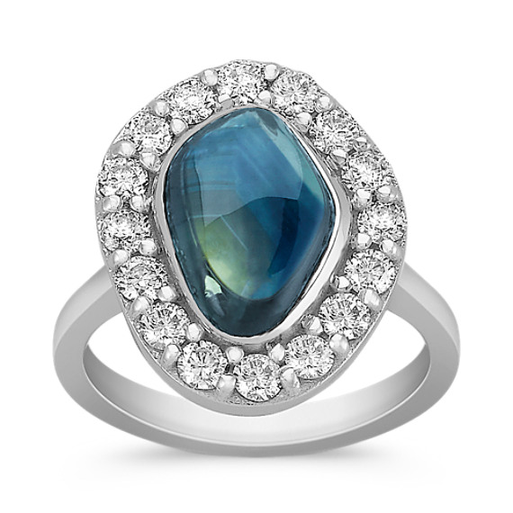 Freeform Blue Green Sapphire and Round Diamond Ring Freeform Blue Green Sapphire and Round Diamond Ring