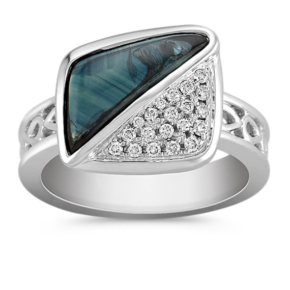Freeform Blue Green Sapphire and Round Diamond Ring Freeform Blue Green Sapphire and Round Diamond Ring