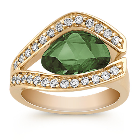 Freeform Fancy Green Sapphire and Round Diamond Ring Freeform Fancy Green Sapphire and Round Diamond Ring