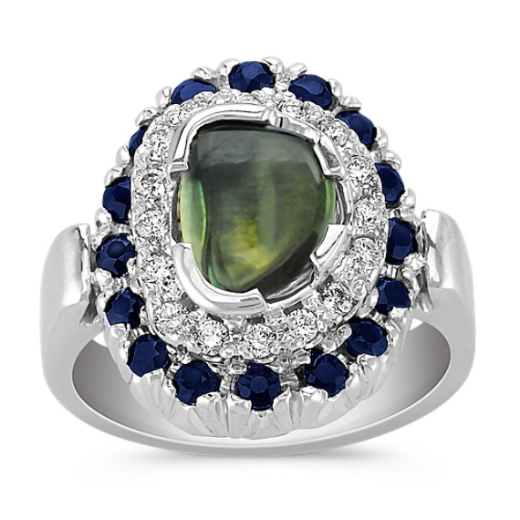 Freeform Green Sapphire, Round Midnight Blue Sapphire and Diamond Ring Freeform Green Sapphire, Round Midnight Blue Sapphire and Diamond Ring