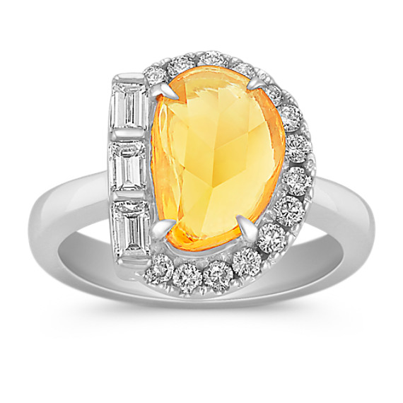 Freeform Orange Sapphire, Baguette and Round Diamond Ring Freeform Orange Sapphire, Baguette and Round Diamond Ring