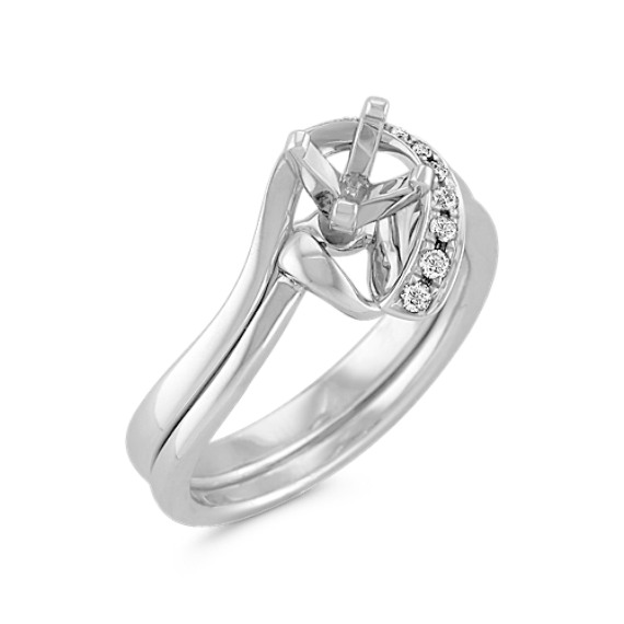 Half Heart Swirl Diamond Wedding Set with Pavé Setting in White Gold at