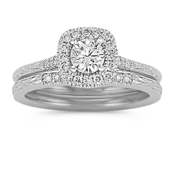 Halo Diamond Wedding Set with Engraving Halo Diamond Wedding Set with Engraving