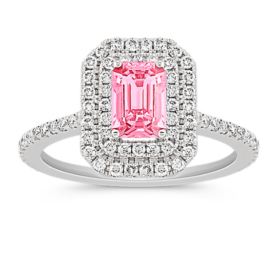 Halo Emerald Cut Pink Sapphire and Round Diamond Engagement Ring Halo Emerald Cut Pink Sapphire and Round Diamond Engagement Ring