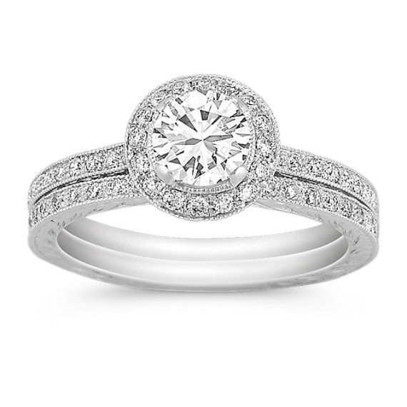 Halo Vintage Round Diamond Wedding Set Halo Vintage Round Diamond Wedding Set