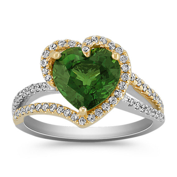 Heart-Shaped Green Sapphire and Round Diamond Ring in Two-Tone Gold Heart-Shaped Green Sapphire and Round Diamond Ring in Two-Tone Gold