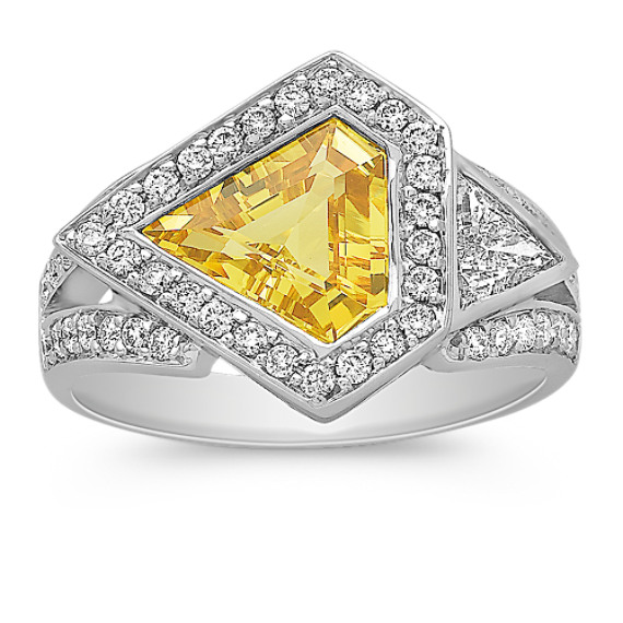 Modified Trillion Yellow Sapphire and Trillion and Round Diamond Ring Modified Trillion Yellow Sapphire and Trillion and Round Diamond Ring