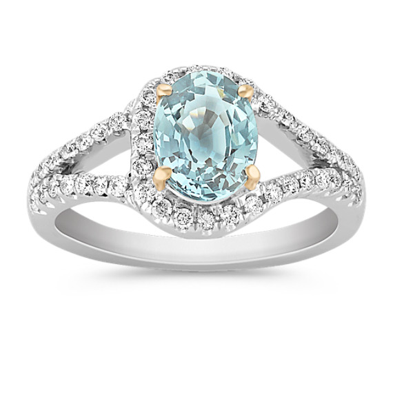 Oval Blue Green Sapphire and Round Diamond Ring in Two-Tone Gold Oval Blue Green Sapphire and Round Diamond Ring in Two-Tone Gold