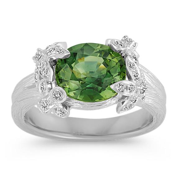 Oval Green Sapphire and Round Diamond Ring with Floral Head Setting Oval Green Sapphire and Round Diamond Ring with Floral Head Setting