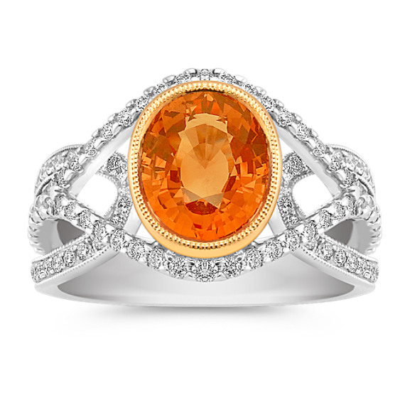Oval Orange Sapphire and Round Diamond Ring in Two-Tone Gold Oval Orange Sapphire and Round Diamond Ring in Two-Tone Gold