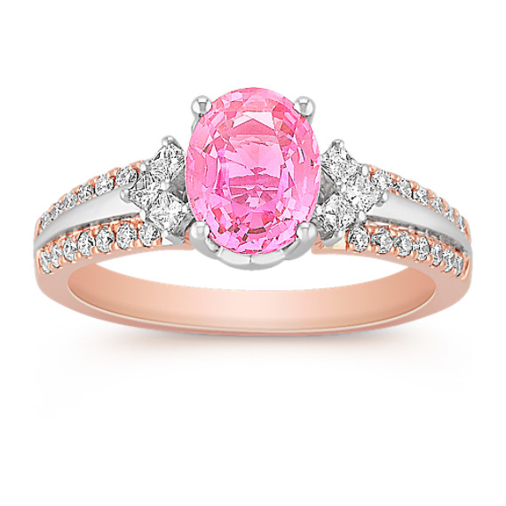 Oval Pink Sapphire, Princess Cut and Round Diamond Ring in Two-Tone Gold Oval Pink Sapphire, Princess Cut and Round Diamond Ring in Two-Tone Gold