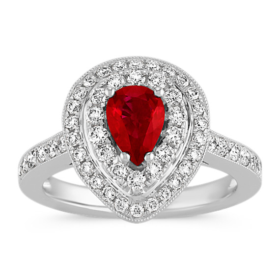 Pear-Shaped Ruby and Diamond Double Halo Fashion Ring Pear-Shaped Ruby and Diamond Double Halo Fashion Ring