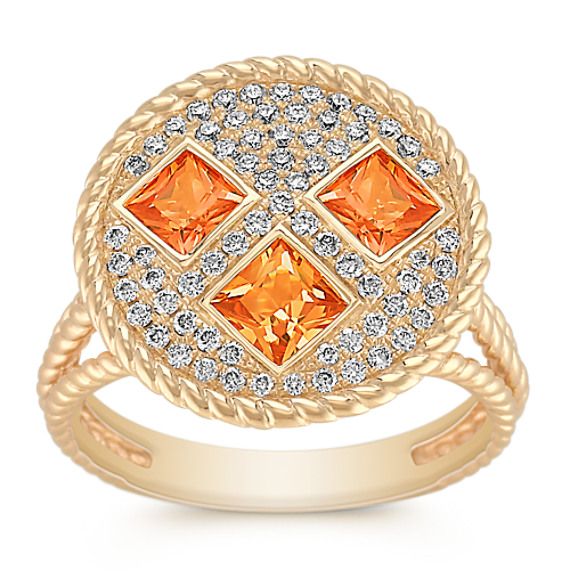 Princess Cut Orange Sapphire and Round Diamond Ring Princess Cut Orange Sapphire and Round Diamond Ring