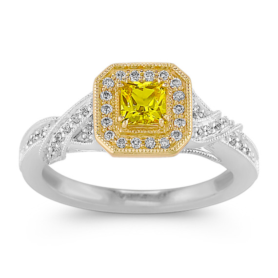 Princess Cut Yellow Sapphire and Round Diamond Ring in Two-Tone Gold Princess Cut Yellow Sapphire and Round Diamond Ring in Two-Tone Gold