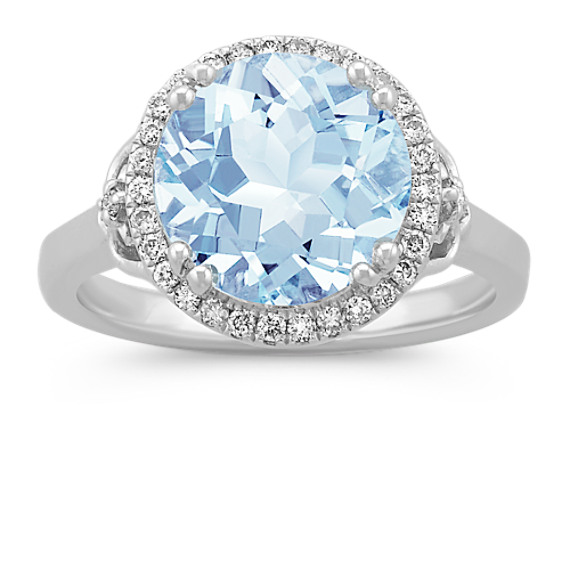 Round Aquamarine and Diamond Halo Ring in Sterling Silver Round Aquamarine and Diamond Halo Ring in Sterling Silver