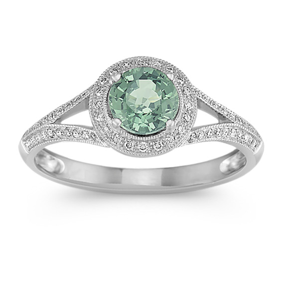 Round Green Sapphire and Diamond Ring in 14k White Gold Round Green Sapphire and Diamond Ring in 14k White Gold