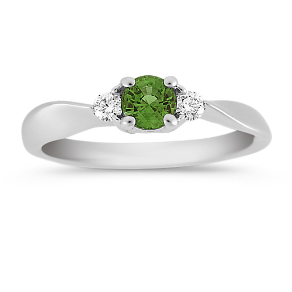 Round Green Sapphire and Diamond Three-Stone Ring Round Green Sapphire and Diamond Three-Stone Ring