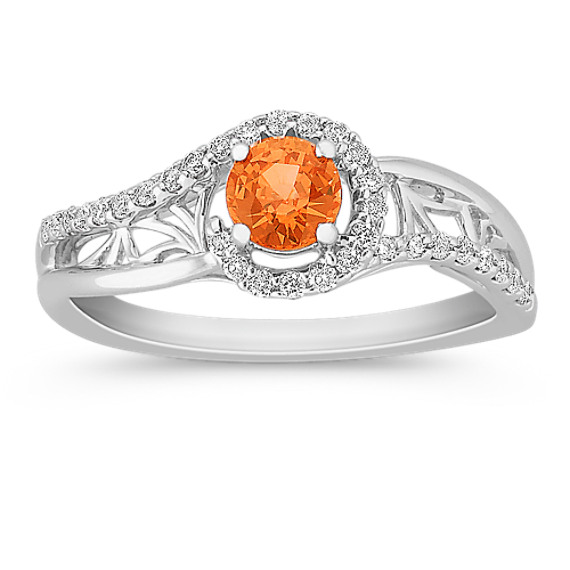 Round Orange Sapphire and Diamond Swirl Ring Round Orange Sapphire and Diamond Swirl Ring