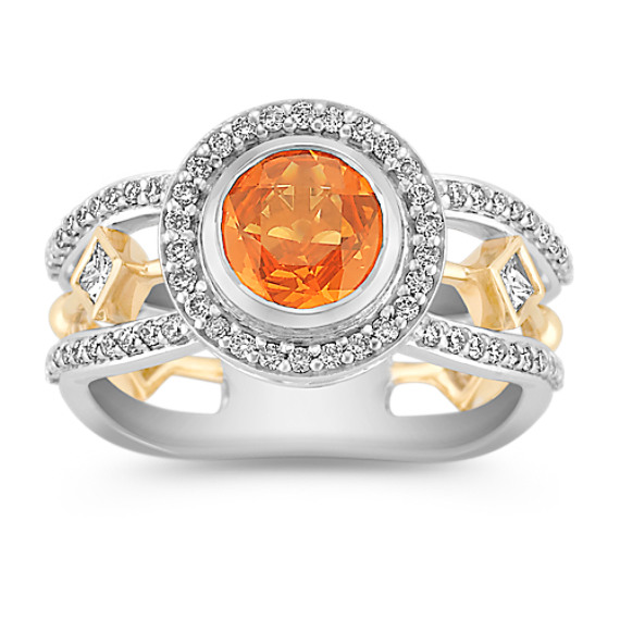 Round Orange Sapphire, Princess Cut and Round Diamond Ring in Two-Tone Gold Round Orange Sapphire, Princess Cut and Round Diamond Ring in Two-Tone Gold