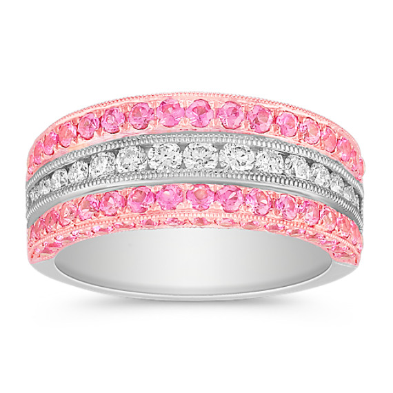 Round Pink Sapphire and Round Diamond Anniversary Band in 14k Rose and White Gold Round Pink Sapphire and Round Diamond Anniversary Band in 14k Rose and White Gold