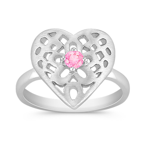 Round Pink Sapphire and Sterling Silver Heart Ring Round Pink Sapphire and Sterling Silver Heart Ring