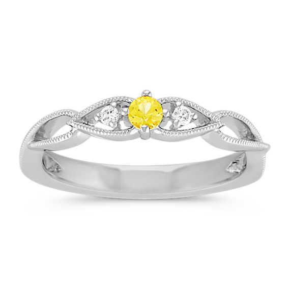 Round Yellow Sapphire and Round Diamond Stackable Sterling Silver Ring