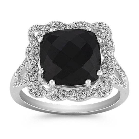Square Cut Black Sapphire and Round Diamond Ring Square Cut Black Sapphire and Round Diamond Ring