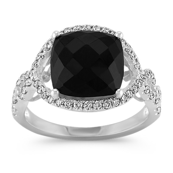 Square Cut Black Sapphire and Round Diamond Ring Square Cut Black Sapphire and Round Diamond Ring
