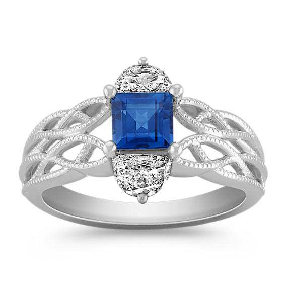 Square Cut Sapphire and Half Moon Diamond Ring Square Cut Sapphire and Half Moon Diamond Ring