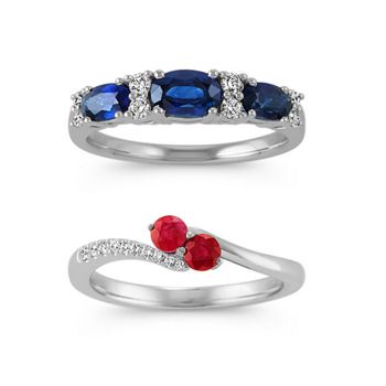 A sapphire and diamond ring above a ruby and diamond ring