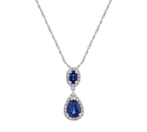 A traditional blue sapphire and diamond pendant