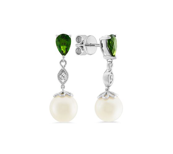 Green chrome diopside and pearl earrings