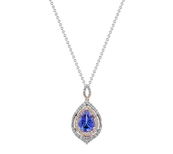 A white and rose gold tanzanite and diamond pendant