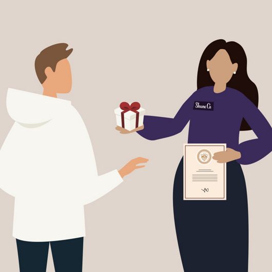 An illustration of a jewelry consultant handing a customer a Shane Co box and certification