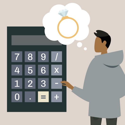 An illustration of a man using a calculator to figure out his engagement ring budget