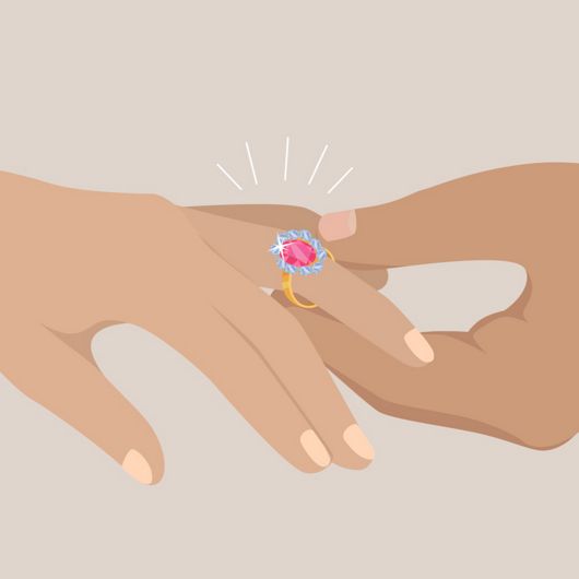 An illustration of a man placing an engagement ring on a woman's hand