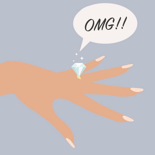 An illustration of a woman's hand with an engagement ring