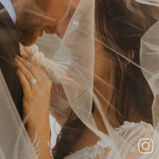 A bride and groom posing under a veil