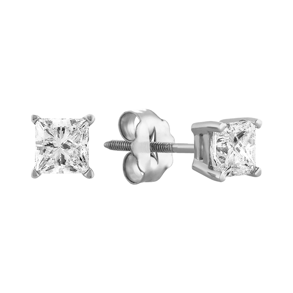 Princess Cut Natural Diamond Stud Earrings in White Gold