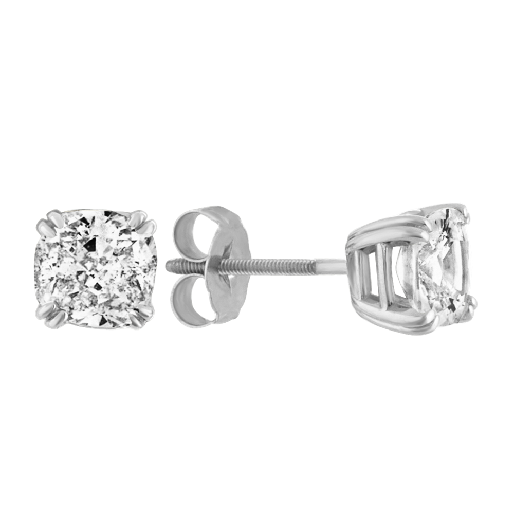 Cushion Cut White Natural Sapphire Studs in White Gold