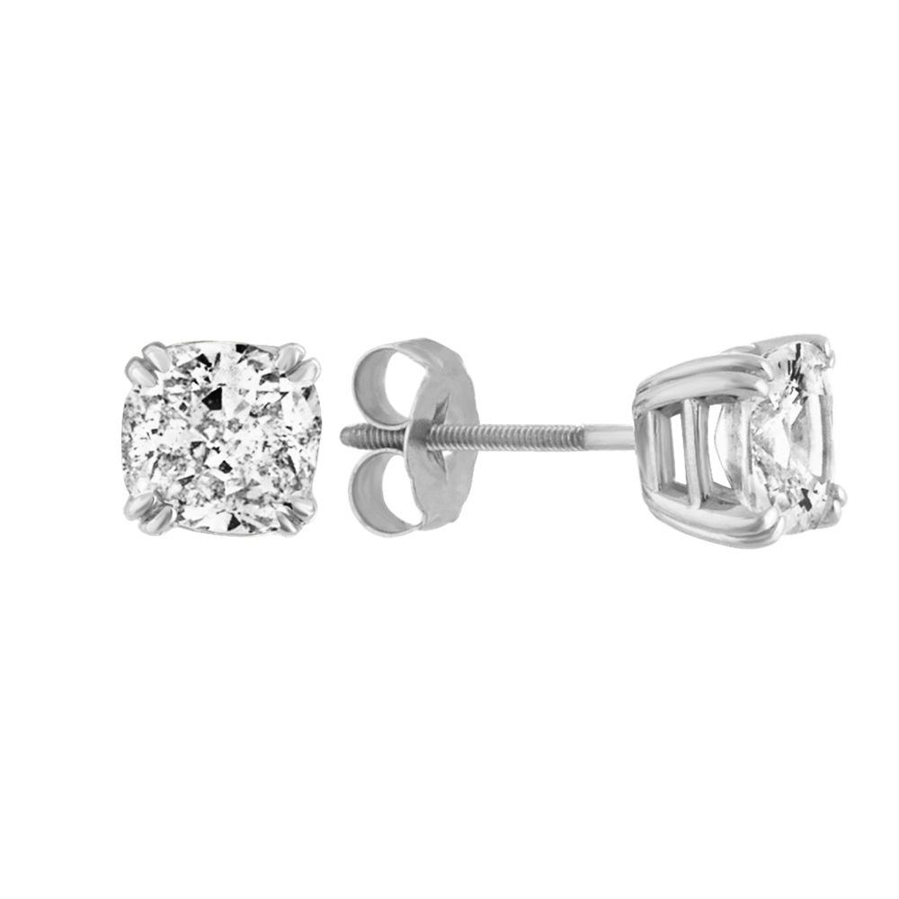Cushion Cut White Natural Sapphire Stud Earrings in White Gold