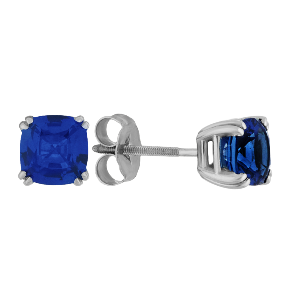 Cushion Cut Traditional Blue Natural Sapphire Studs in White Gold