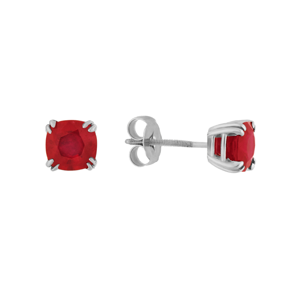 Cushion Cut Natural Ruby Stud Earrings in White Gold