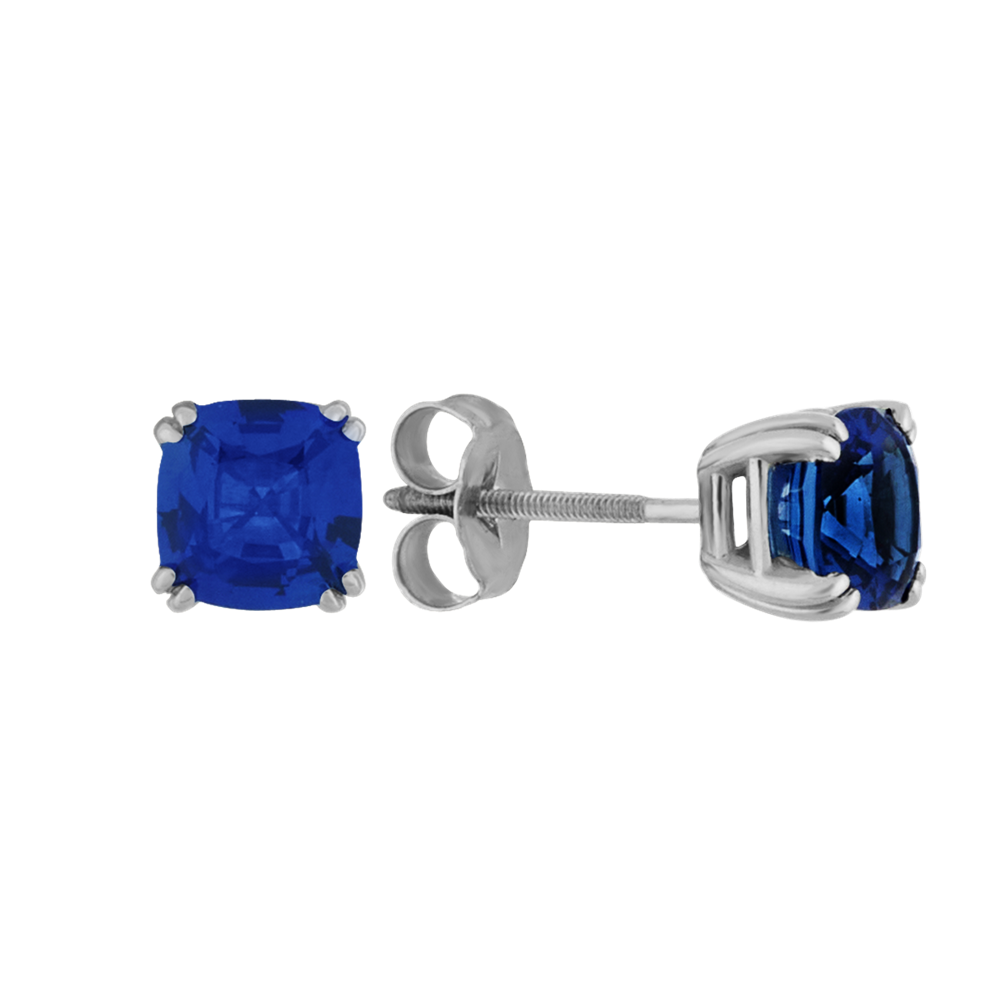 Cushion Cut Traditional Blue Natural Sapphire Studs in White Gold