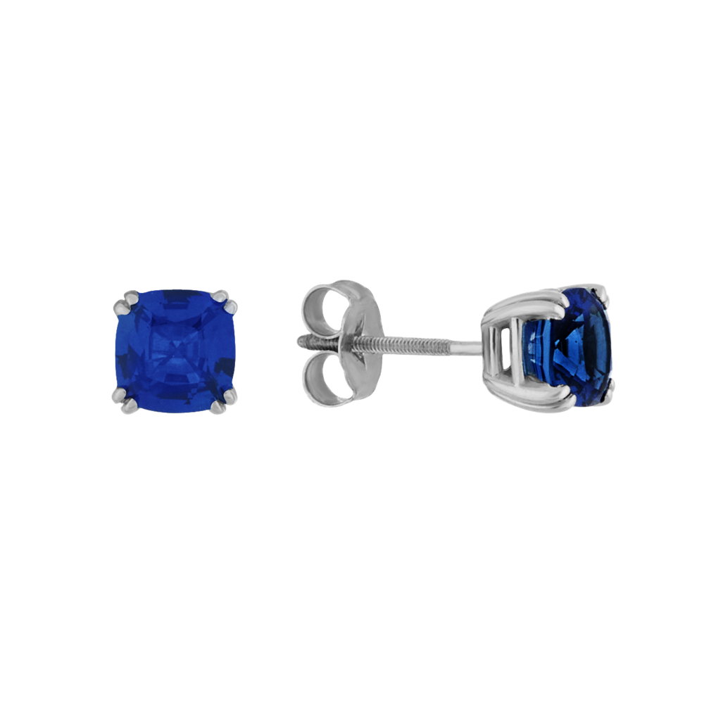 Cushion Cut Traditional Blue Natural Sapphire Studs in White Gold