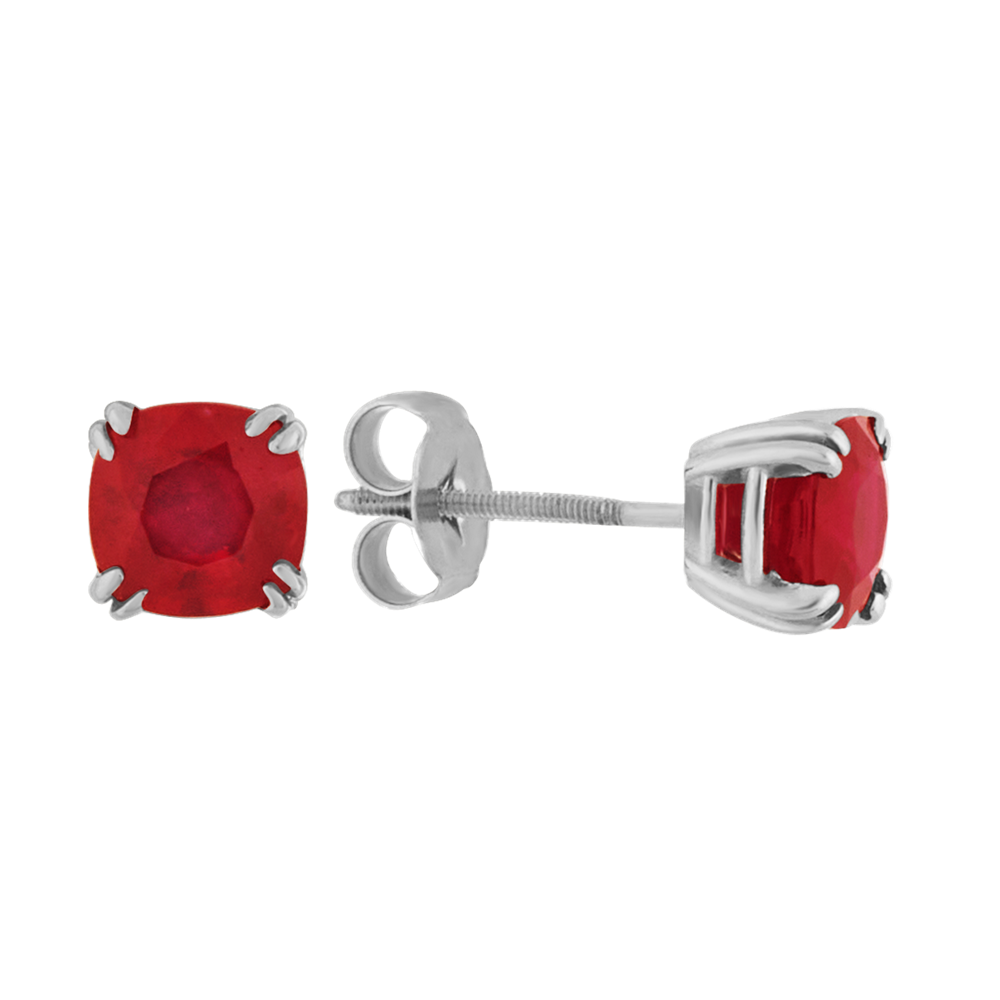Cushion Cut Natural Ruby Stud Earrings in White Gold