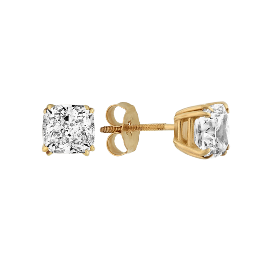 Cushion Cut Natural Diamond Stud Earrings in Yellow Gold