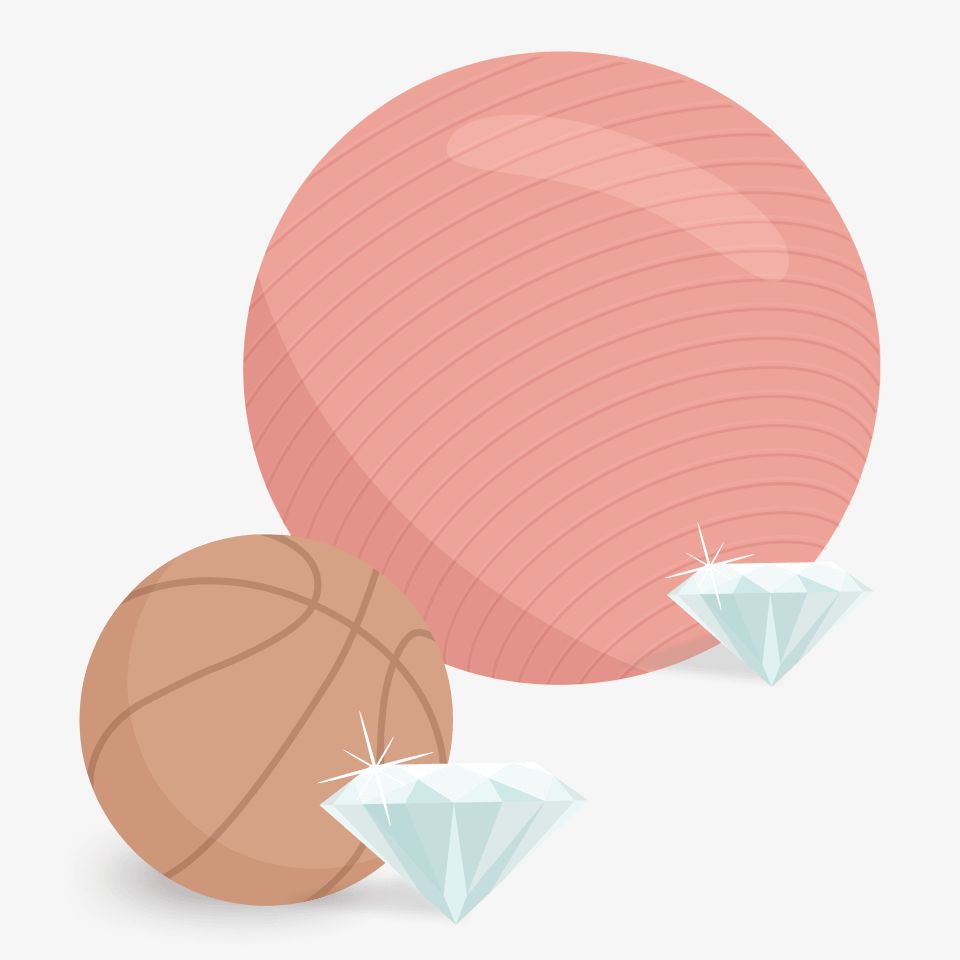 An illustration comparing the number of 1 carat and 5 carat diamonds to a basketball and an exercise ball