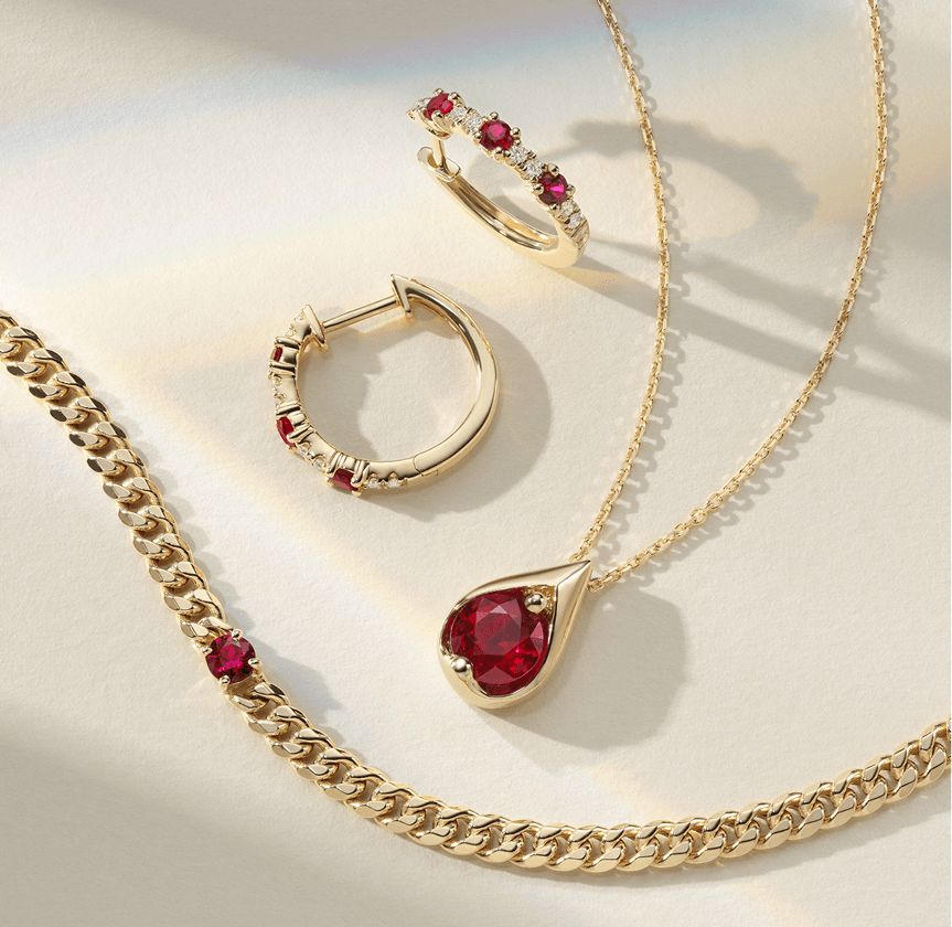 A collection of ruby fashion jewelry for July birthdays