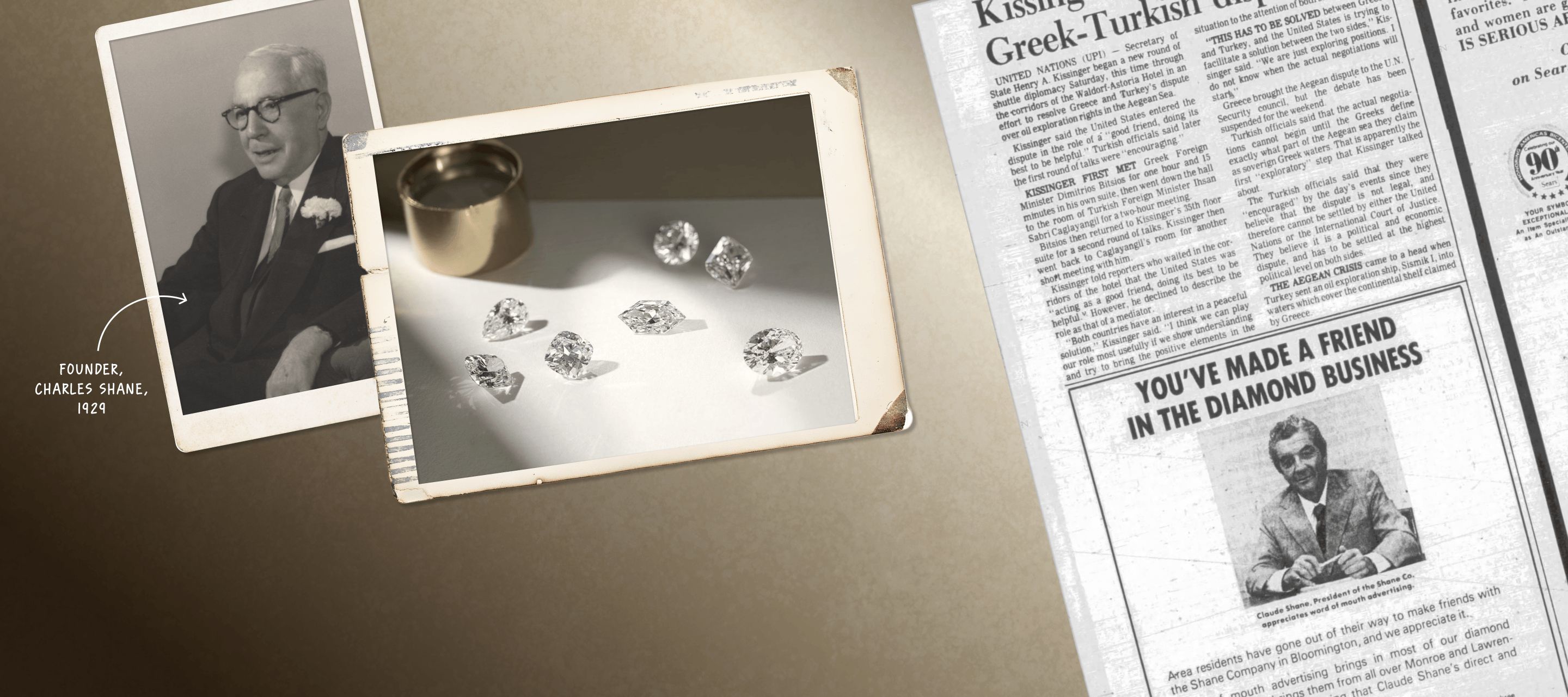A photo of Charles Shane, a collection of loose diamonds, and a newspaper